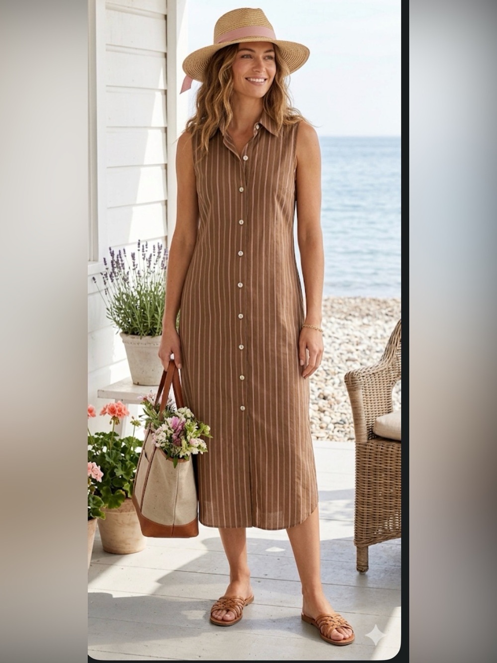 Wyeth Brown Pinstripe Shirt Dress Pink Detail NWT Sz M Coastal Cottagecore